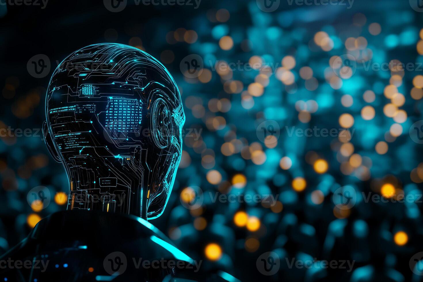 futuristic humanoid robot with glowing circuitry stands in crowd, showcasing advanced technology and artificial intelligence. atmosphere is vibrant and dynamic photo
