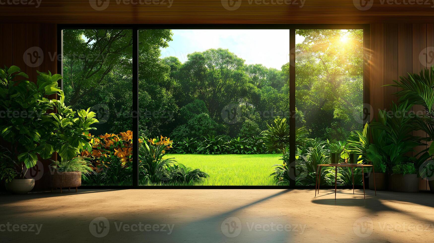 bright, modern interior with large windows showcasing lush green landscape. sunlight filters through, creating warm and inviting atmosphere photo