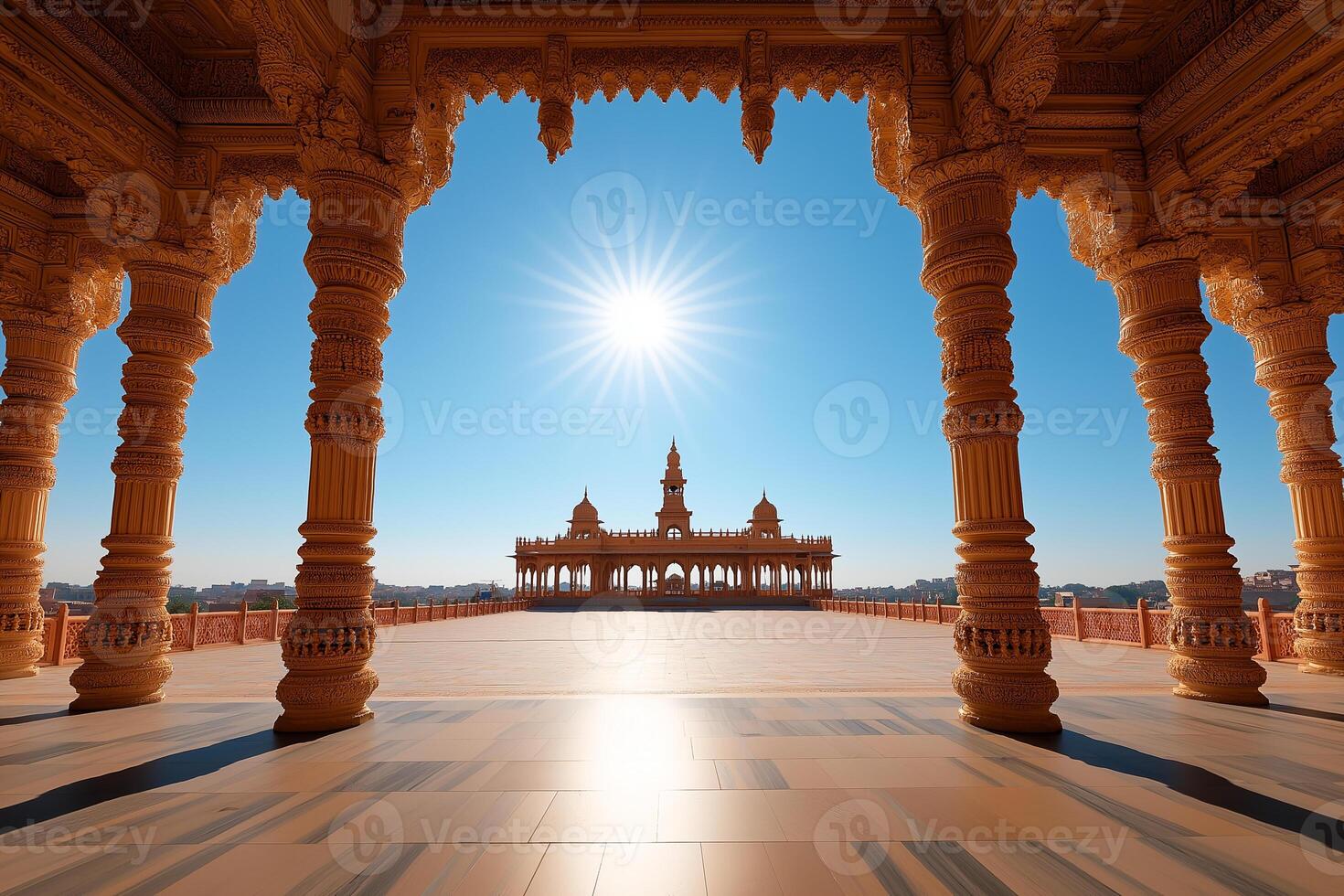 stunning view of traditional Indian palace courtyard featuring intricate architecture, illuminated by bright sun. ornate pillars frame scene beautifully photo