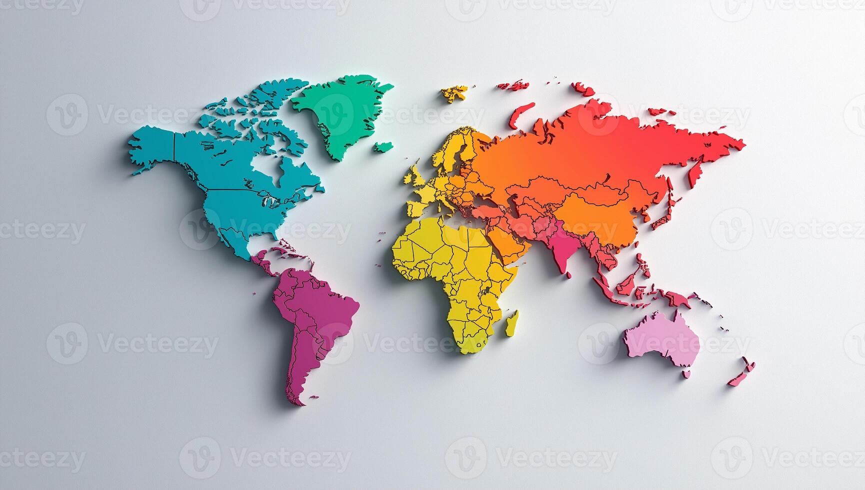 Colorful world map illustration with distinct regions highlighted, showcasing geographical diversity and vibrant colors. Perfect for educational and decorative purposes photo