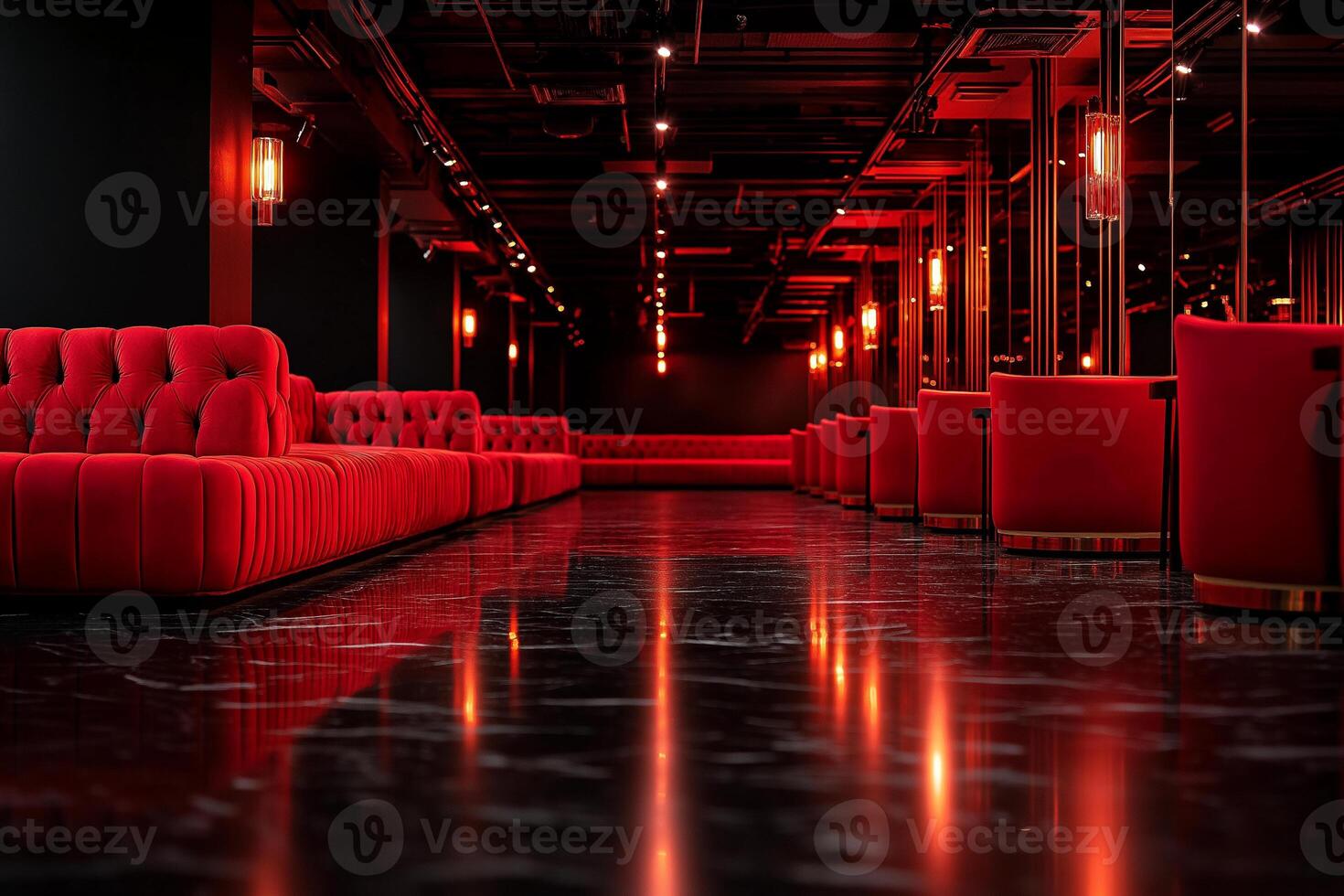 Luxurious red club sofa in stylish nightclub with spotlights and glossy black floor, creating inviting atmosphere for social gatherings photo