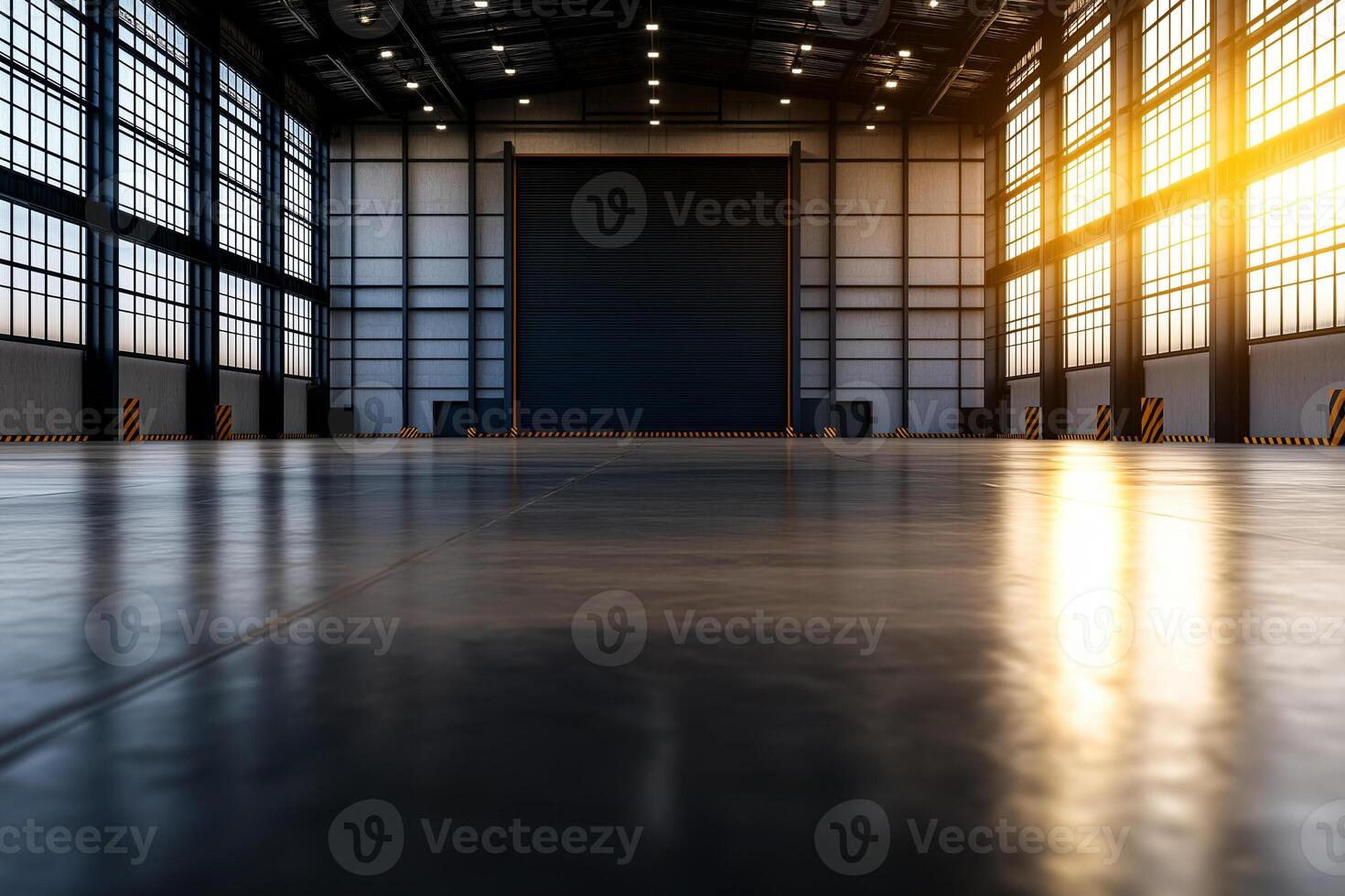 spacious industrial hangar with large metal doors and bright windows, showcasing clean floor and warm sunlight streaming in, creating serene atmosphere photo