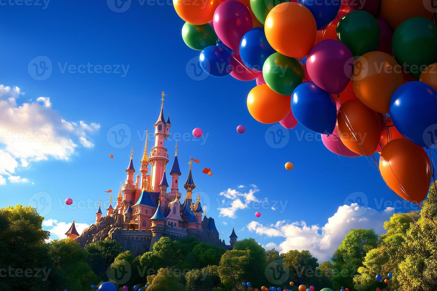 whimsical castle surrounded by colorful balloons in bright sky. enchanting scene evokes sense of joy and wonder, perfect for celebrations and magical moments photo