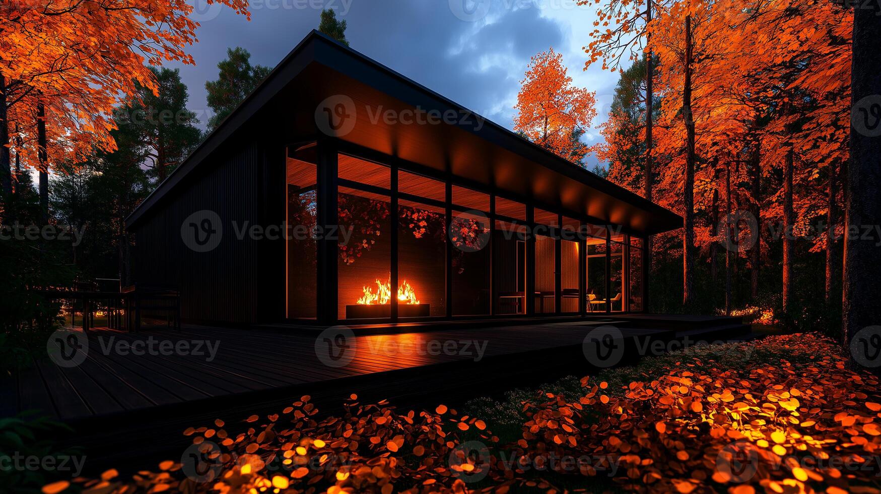 Modern black cabin with large glass windows surrounded by autumn foliage, featuring cozy fire. warm glow contrasts beautifully with vibrant orange leaves, creating serene atmosphere photo