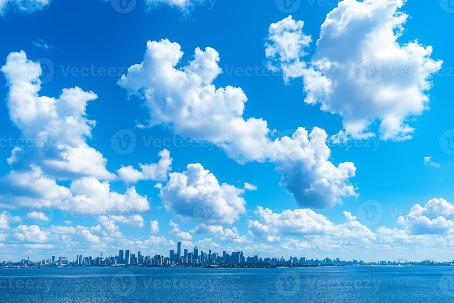 Aerial view of vibrant city skyline under bright blue sky with fluffy clouds. scene captures beauty of urban architecture against serene water backdrop photo