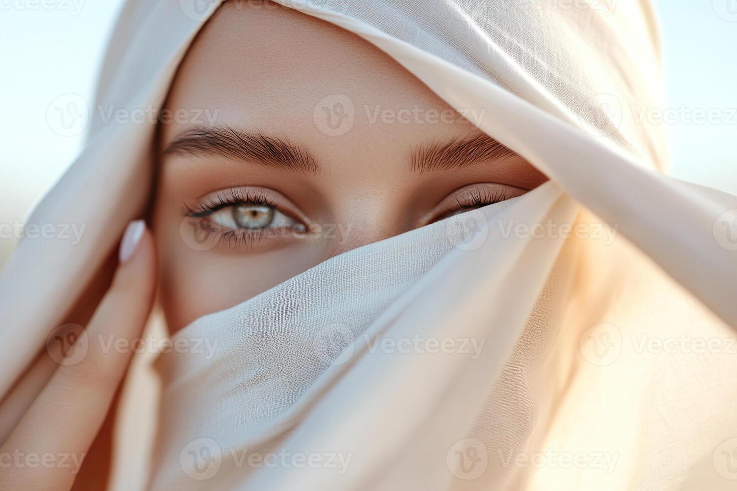 A blindfolded woman slowly removes the fabric from her eyes, revealing a vibrant, surreal landscape. Ethereal light surrounds her, creating a luxurious, dreamlike atmosphere filled with possibilities photo