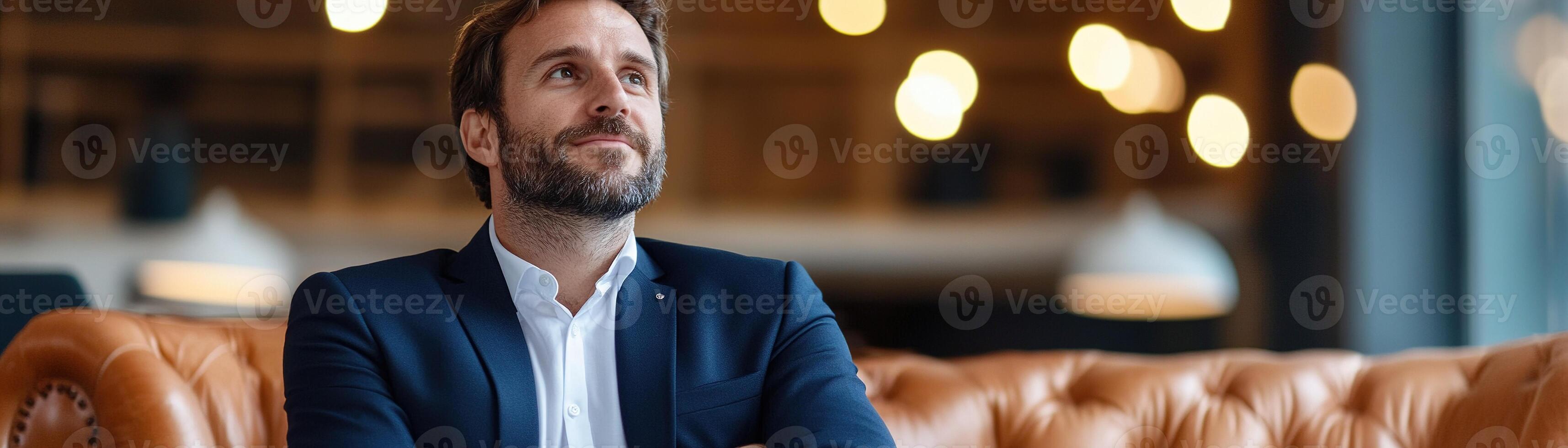 A confident man in a tailored navy-blue suit sits comfortably in a modern lounge, illuminated by soft golden light reflecting off leather furniture. His relaxed demeanor suggests contemplation photo