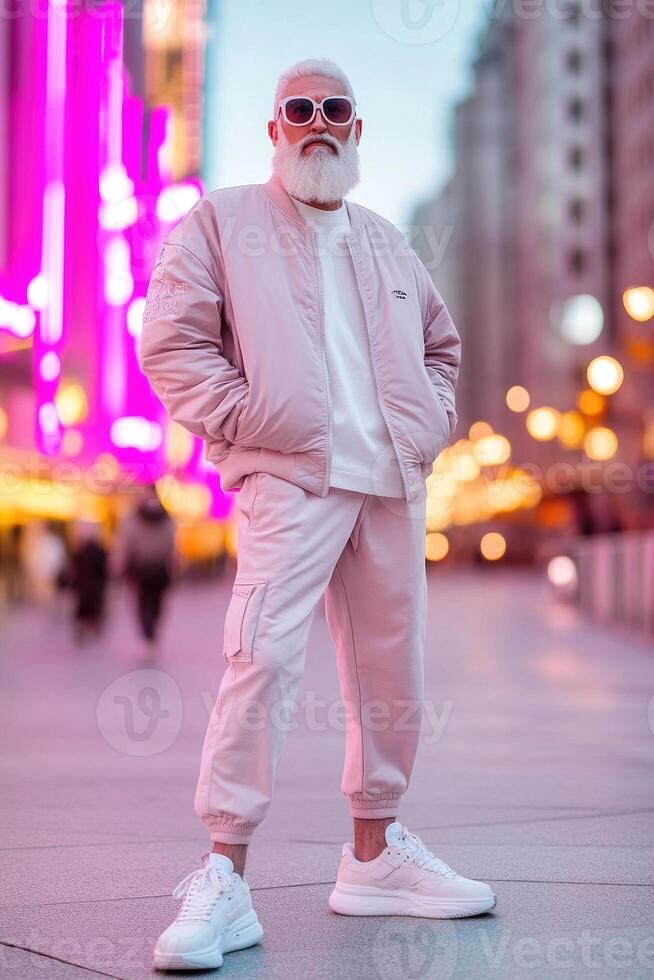 A senior man exudes confidence in a sleek bomber jacket and trendy sneakers while posing against a softly blurred neon cityscape, creating a vibrant urban atmosphere photo