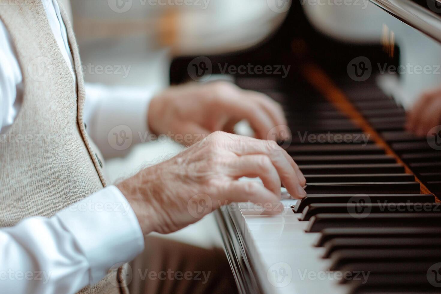 A distinguished senior man plays a grand piano in a softly lit lounge, dressed in a tailored vest. The warm golden glow enhances the elegant atmosphere, perfect for a luxurious lifestyle photo