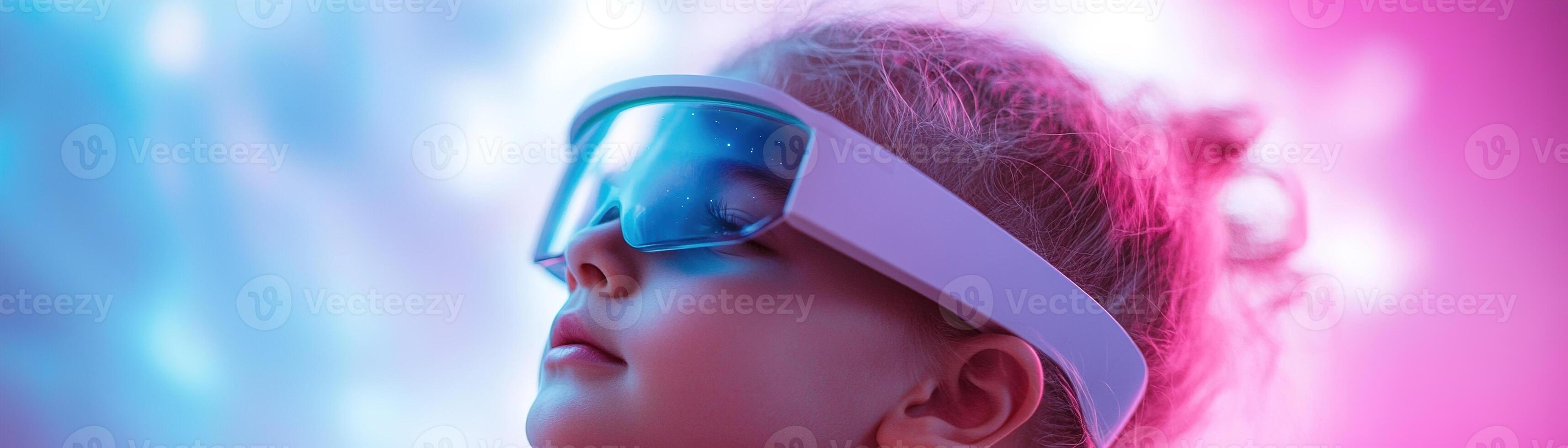 A curious child wearing glasses gazes upwards at the night sky, where hidden galaxies and nebulae reveal themselves through the lenses photo