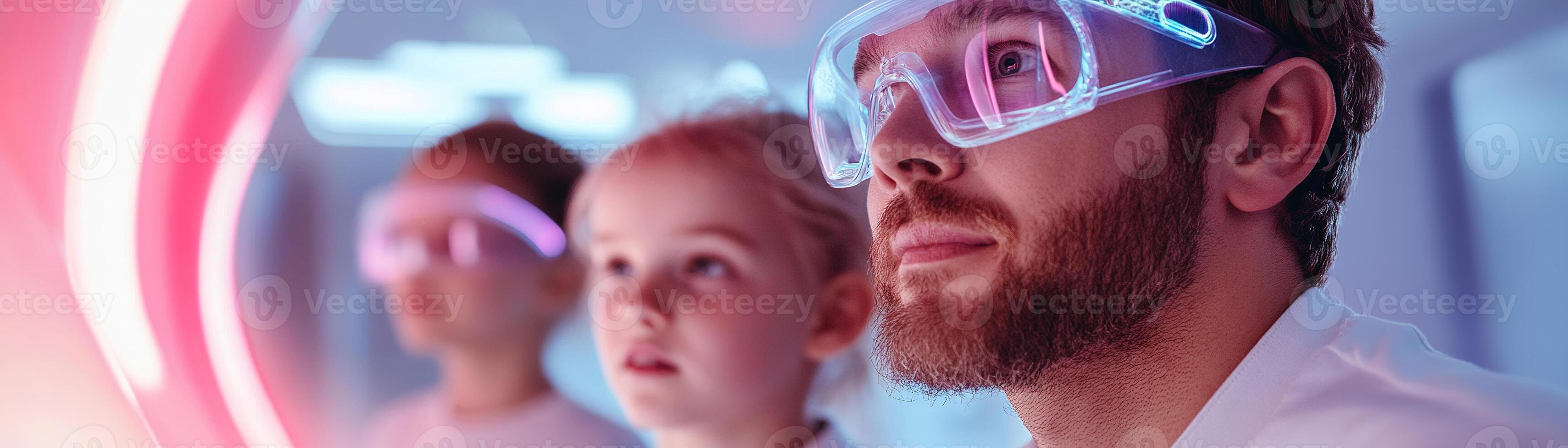 Father and his children explore an ultra-modern science museum, captivated by holographic displays that illuminate their faces amidst soft neon lighting creating a mesmerizing atmosphere photo