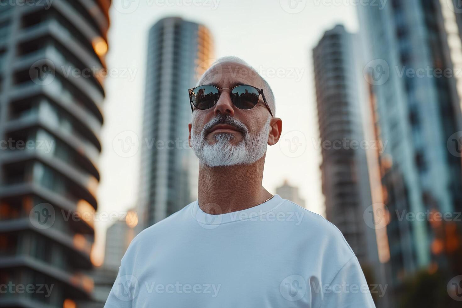 A stylish dad confidently walks through a high-end city district, dressed in designer streetwear. The warm light of the golden hour enhances the luxury surroundings photo