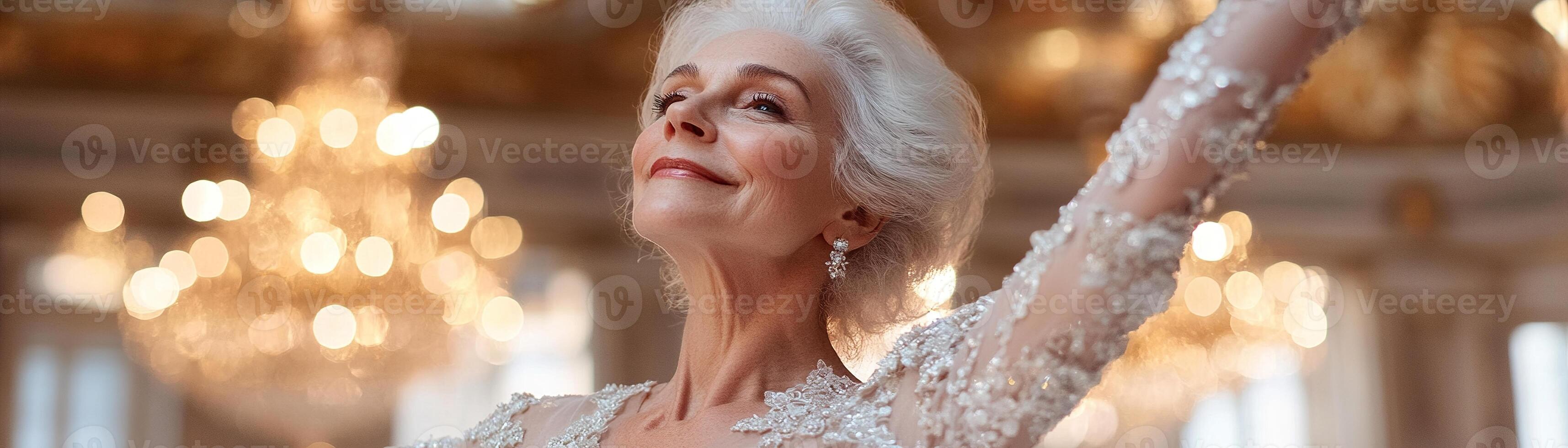 A senior woman in an elegant evening gown dances with poise and grace in a beautifully illuminated ballroom, surrounded by soft golden chandeliers that create a luxurious ambiance photo