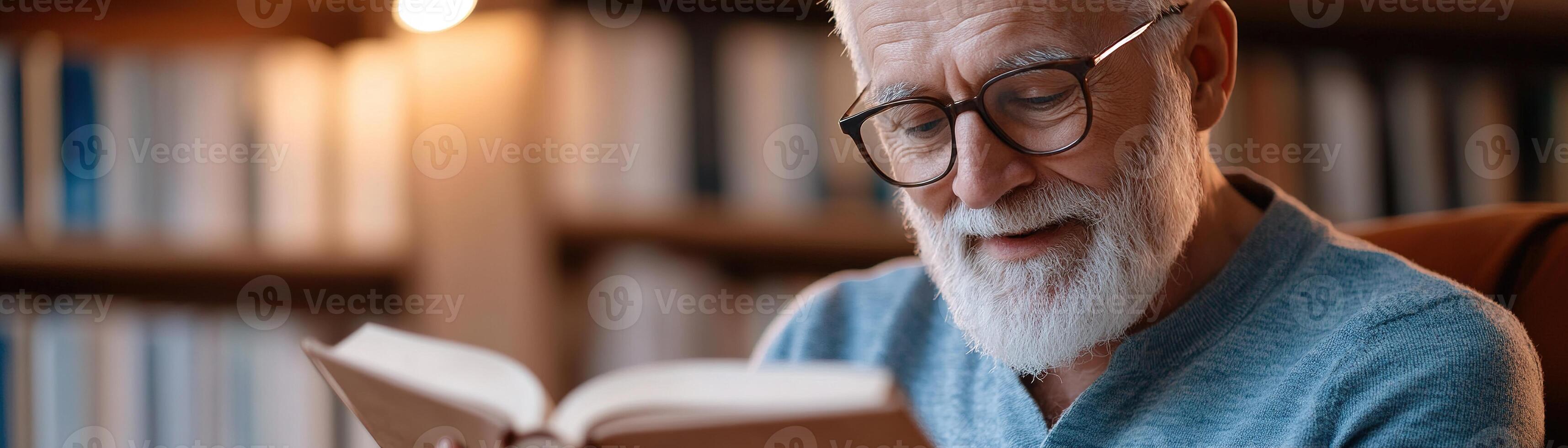 Warm-hearted senior man reads a vintage storybook to his grandchild in a classic wooden library, surrounded by soft glowing light, creating a nostalgic storytelling moment photo