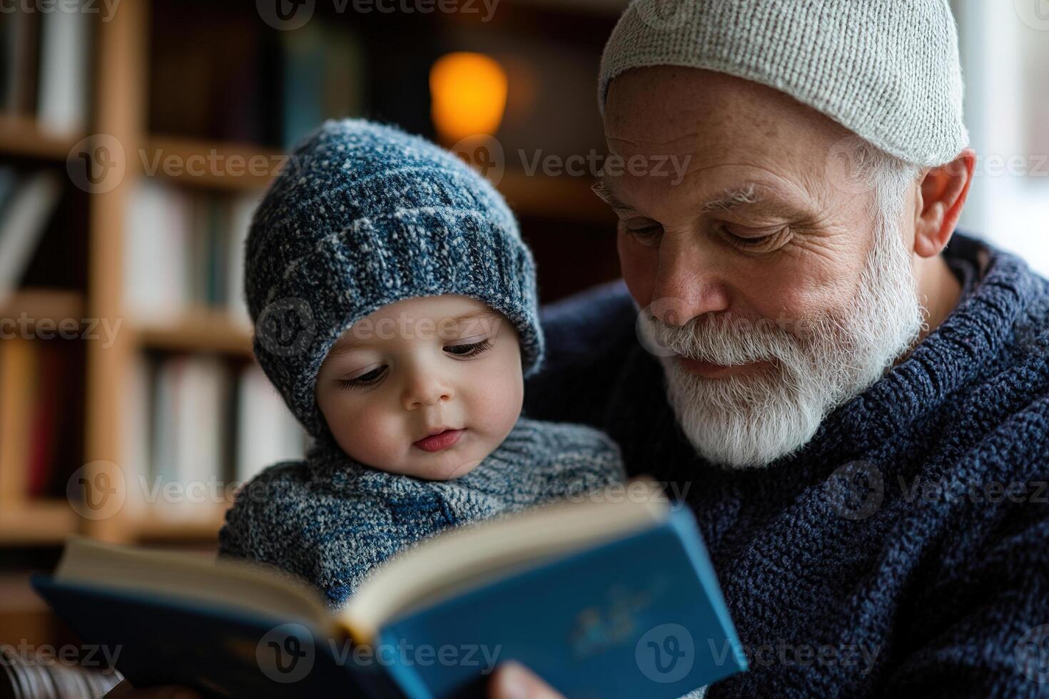 A warm-hearted senior man reads a vintage storybook to his grandchild in a classic wooden library, illuminated by soft glowing lamplight, creating a timeless storytelling atmosphere photo