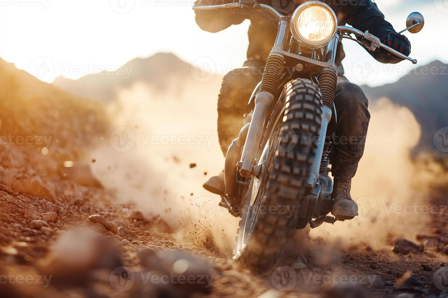 A rugged father rides a classic motorcycle through a stunning desert landscape, dust swirling around him in the golden-hour glow, emphasizing a spirit of adventure and freedom photo