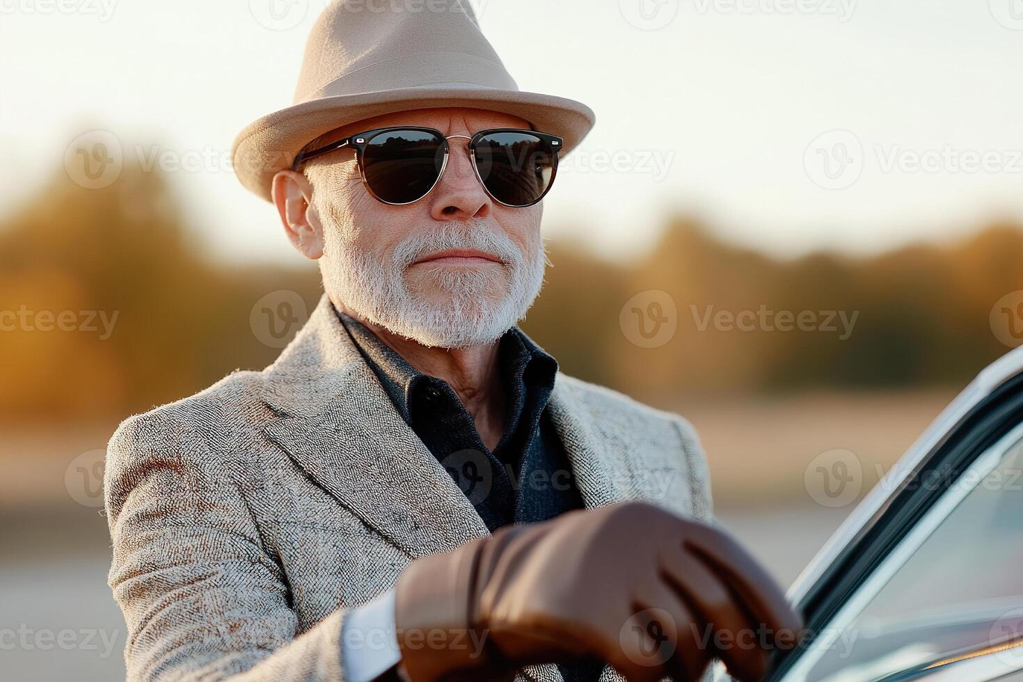 A refined senior gentleman stands confidently beside a classic car, dressed in a perfectly tailored suit and vintage leather gloves, illuminated by soft golden-hour light photo