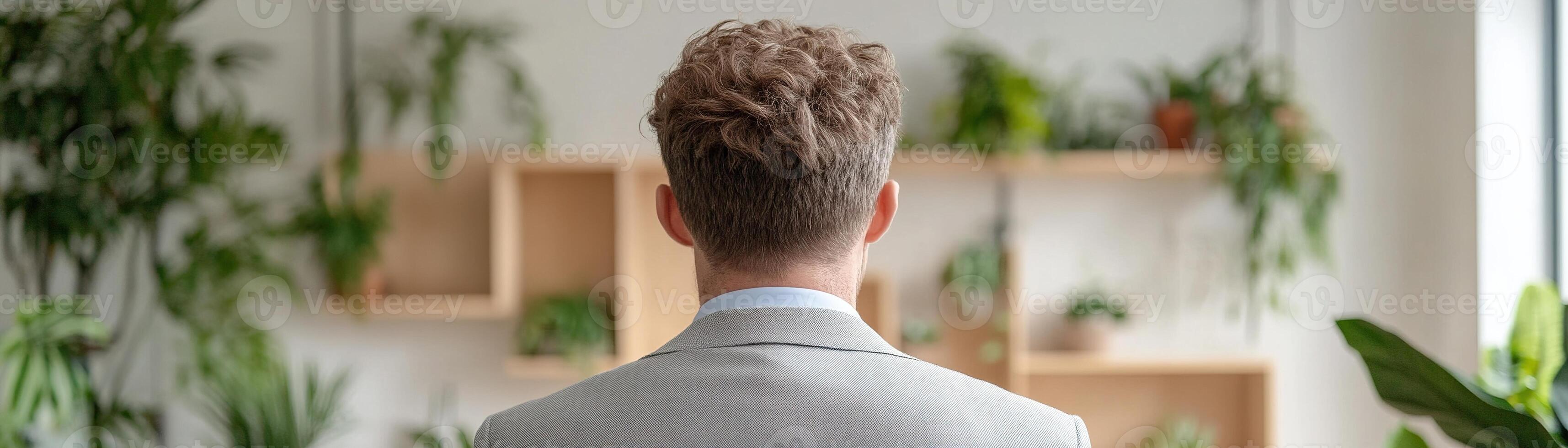 A sophisticated man in a tailored suit is focused on his work in a modern office. The space is filled with lush plants and wooden textures, showcasing a commitment to sustainability and comfort photo
