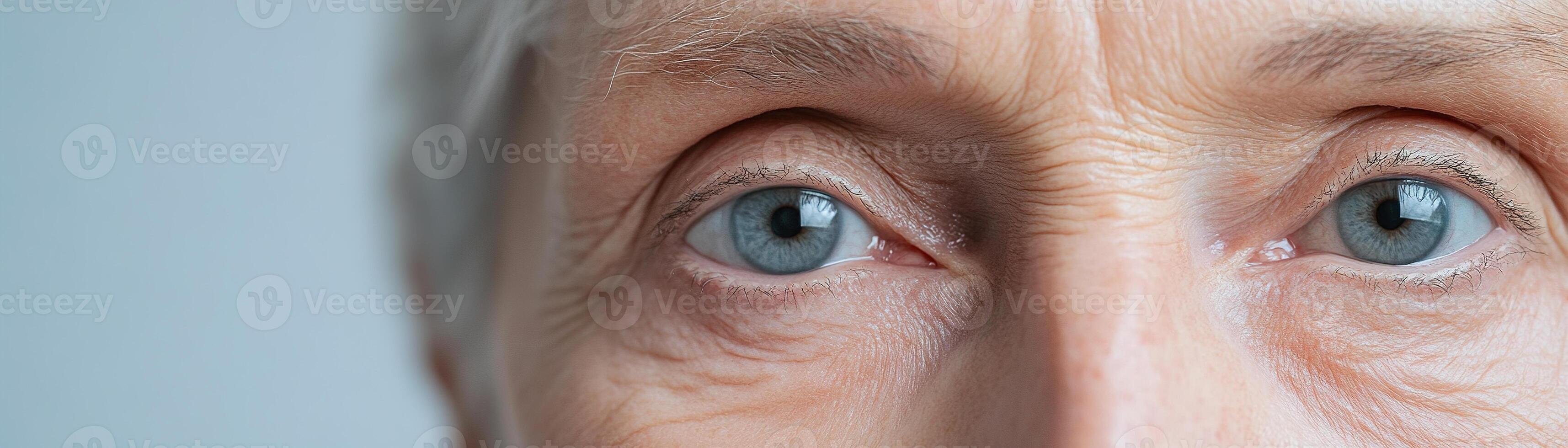 A close-up of an elderly face highlights the beauty of aging, showcasing smooth skin, striking eyes, and abstract lighting in a minimalist style. The composition invites reflection and appreciation photo