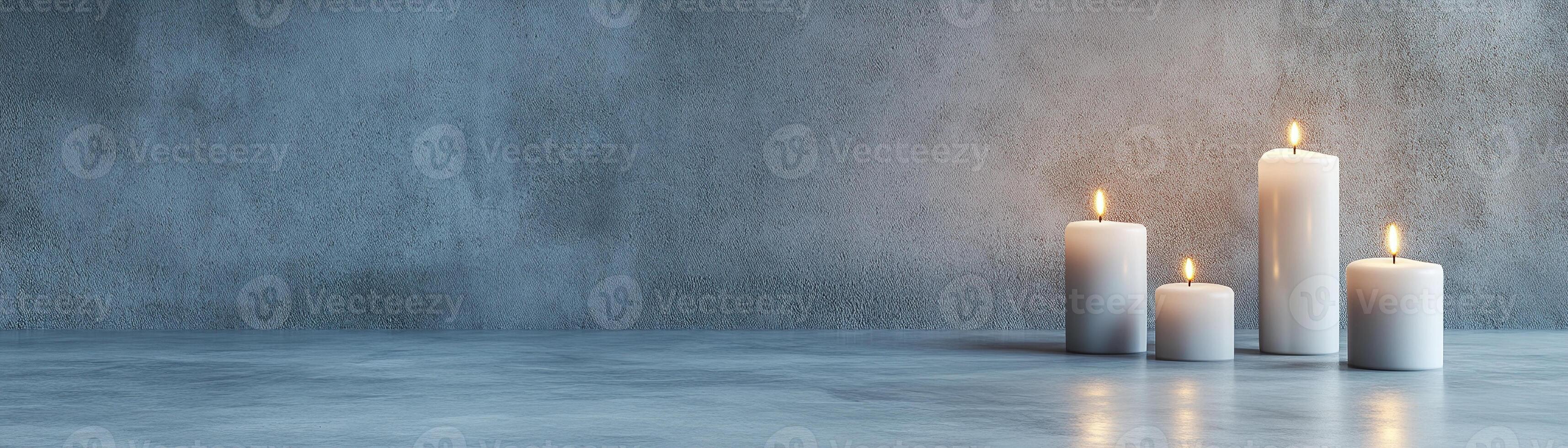 Soft candlelight reflects against a textured concrete background, creating a warm and inviting atmosphere ideal for intimate gatherings or relaxing moments. Ample space allows for creative text use photo