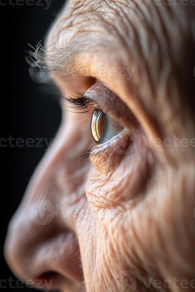 Intricately detailed close-up reveals the textures of an elderly person's skin, illuminated by soft golden light, capturing the essence of aging in an ethereal atmosphere photo