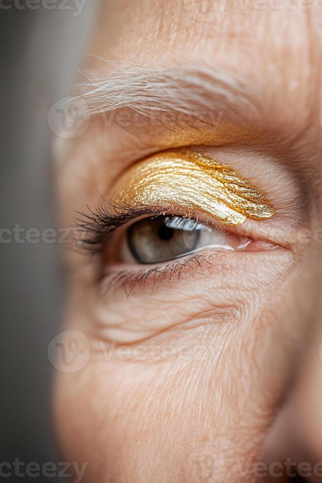An elderly woman's face showcases intricate wrinkles highlighted by delicate gold leaf accents, illuminated by soft golden light symbolizing luxury skincare and timeless beauty photo