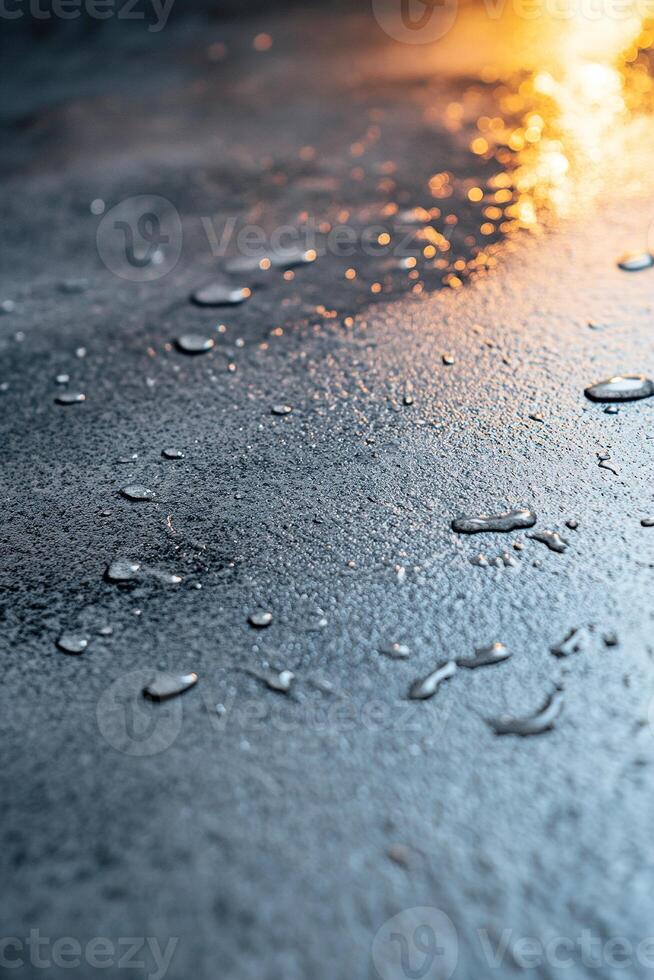A high-end concrete background showcases a glossy wet surface adorned with soft water droplets and mist, enhanced by cinematic lighting that creates an elegant ambiance photo