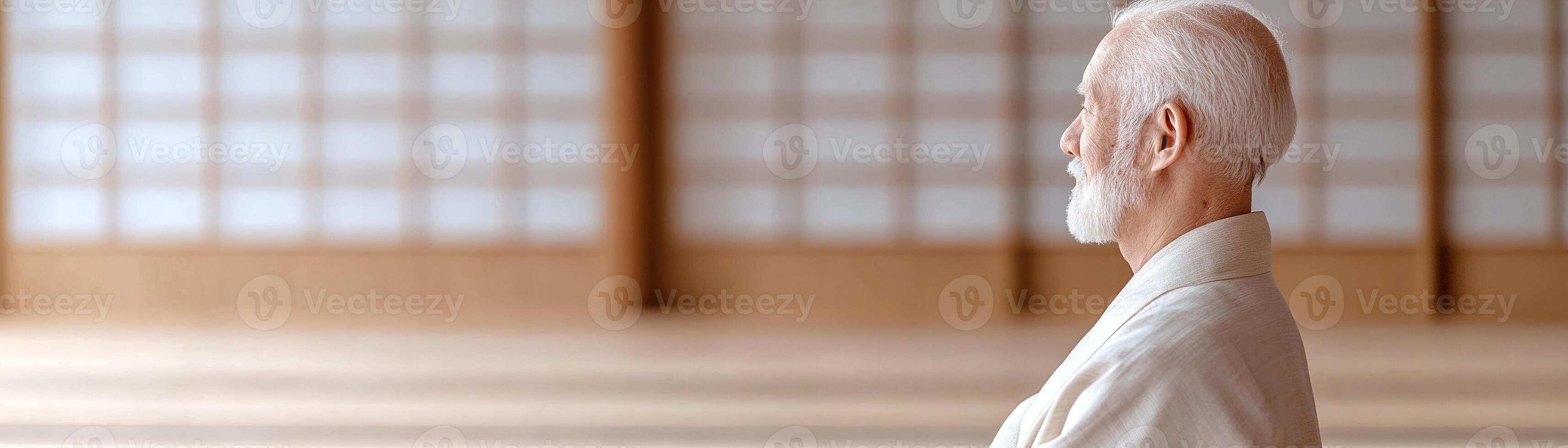 A refined elderly man sits peacefully in a minimalist Japanese tea room, surrounded by natural wood elements and a soft-focus neutral palette, embodying a serene Zen lifestyle photo