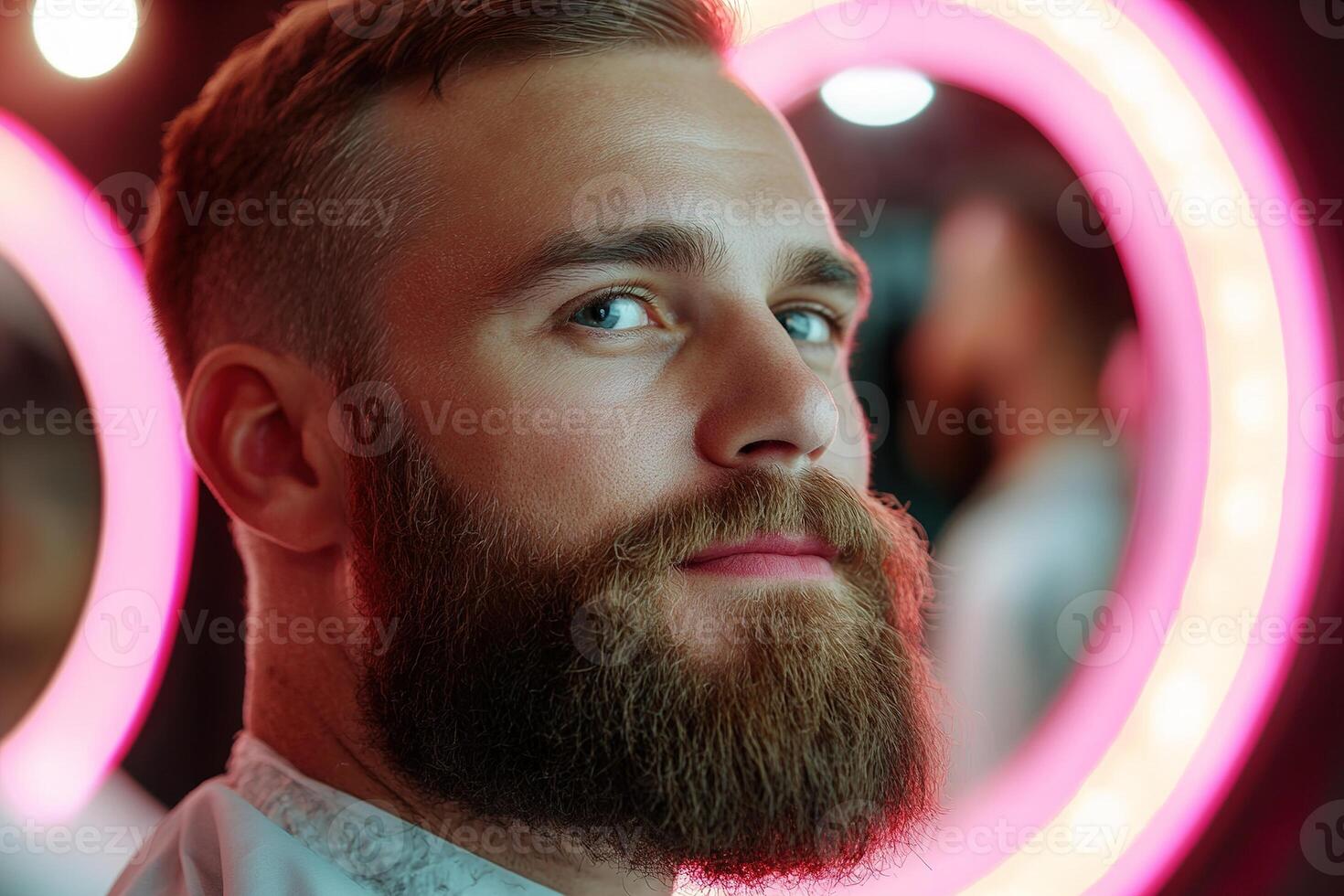 In a high-end barbershop, a well-groomed bearded man admires his stylish haircut in the mirror, surrounded by soft colors and an inviting atmosphere, showcasing a cinematic experience photo