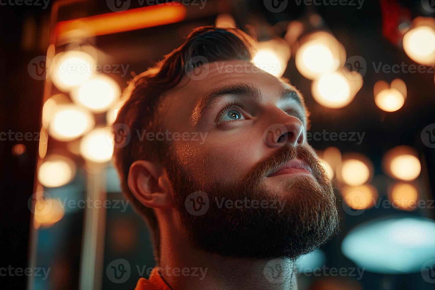 A well-groomed bearded man looks in the barbershop mirror, appreciating his fresh haircut. Warm vintage lighting enhances the high-end ambiance, creating a cinematic atmosphere photo