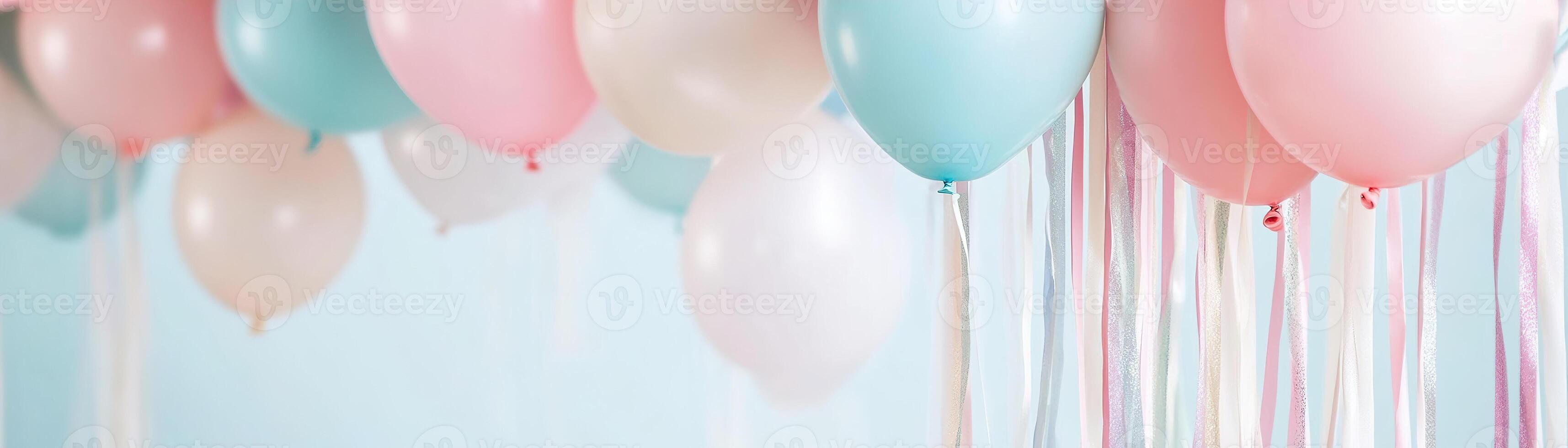 A lively backdrop features multicolored streamers hanging down, with pastel balloons providing a playful atmosphere ideal for children's parties. Ample space for welcoming text enhances its charm photo