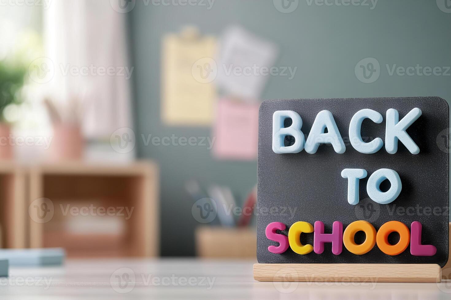 A cheerful Back to School sign made of vibrant foam letters is neatly arranged on a chalkboard in a warm, inviting classroom. The background features a soft-focus setting filled with stationary photo