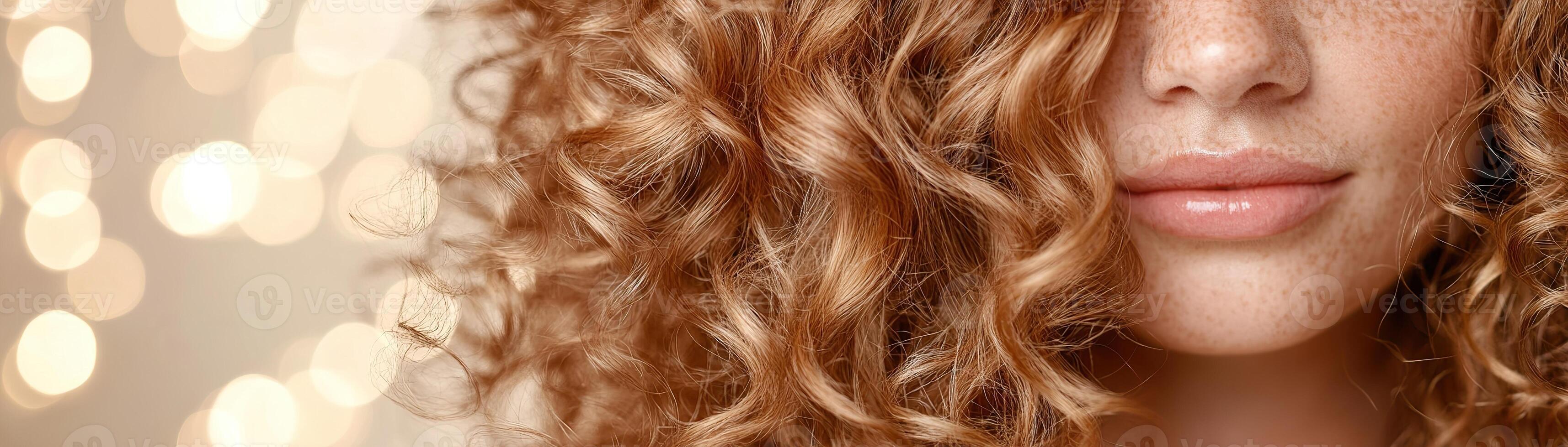Defined and healthy natural curls receive hydration from a nourishing hair mist. The backdrop features a soft-focus blur with warm golden bokeh, enhancing the radiant beauty aesthetic photo