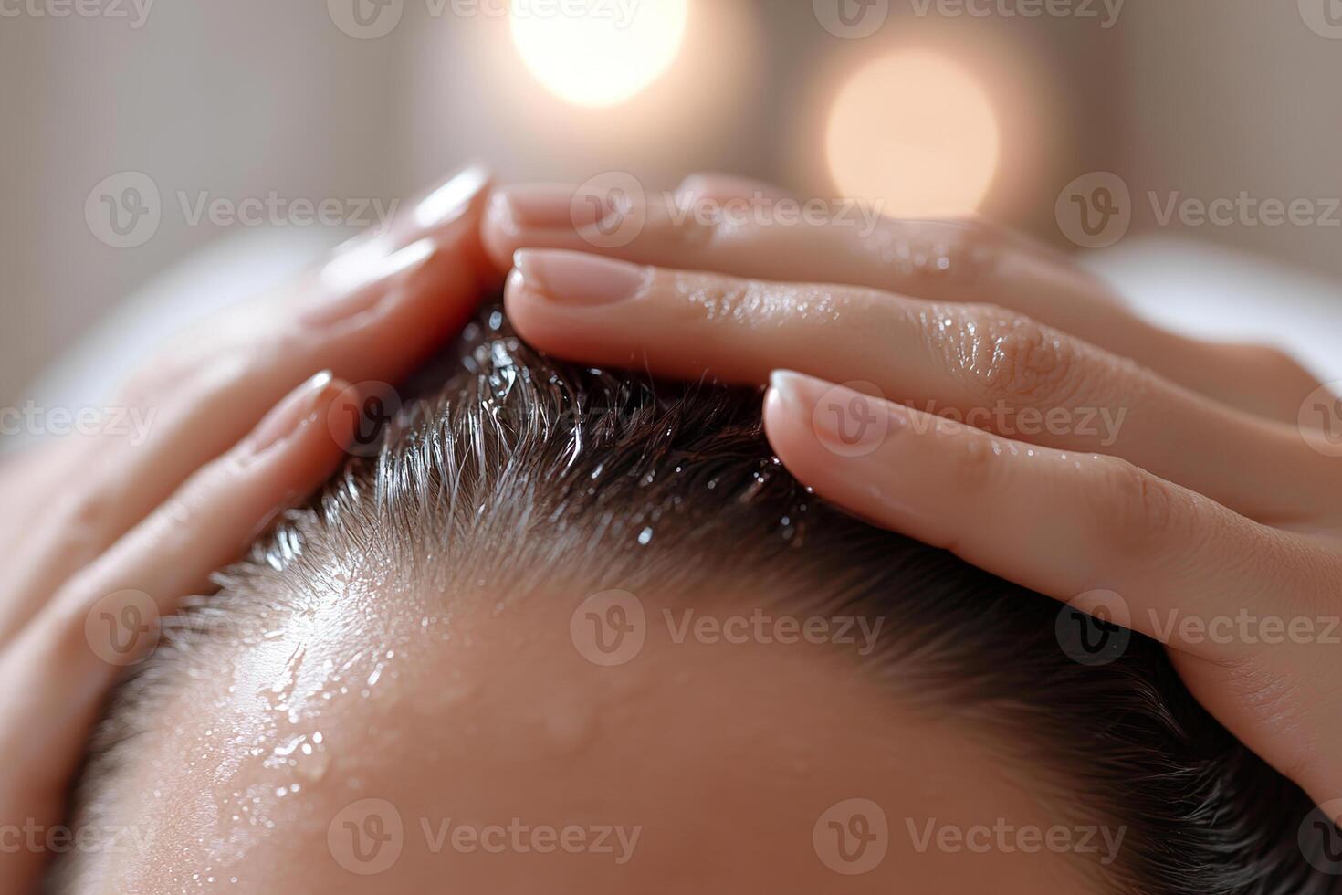 Well-manicured hands gently massage a rich hair serum into the scalp, creating a soothing atmosphere enriched by warm lighting and a soft-focus background for a self-care experience photo