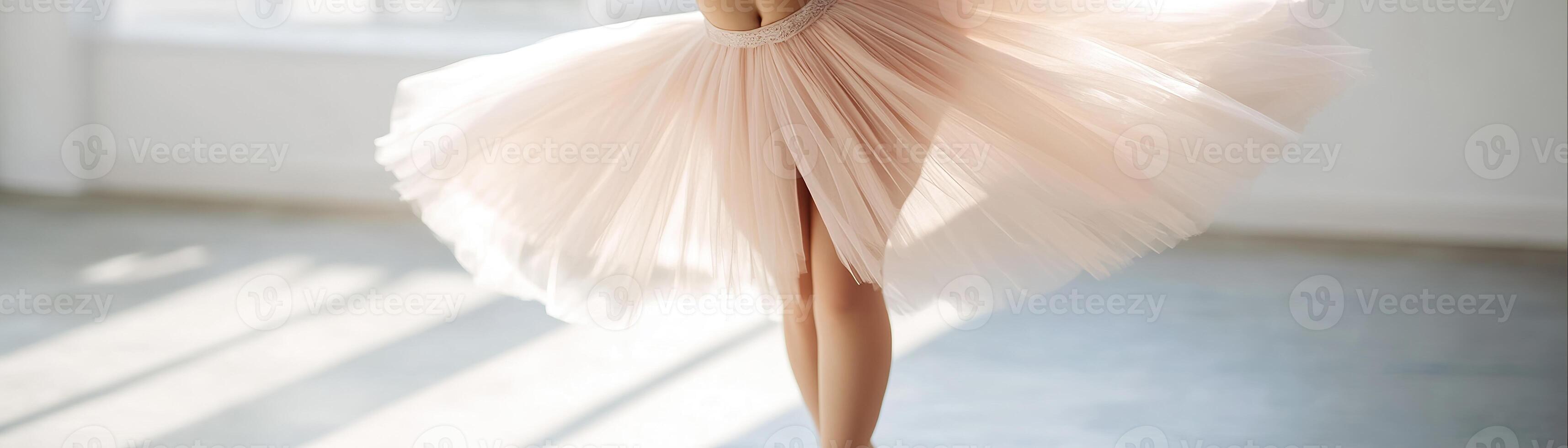In a sunlit studio, a confident overweight ballerina dances with grace, her flowing pastel tutu billowing around her, radiating warmth and elegance in the golden light photo