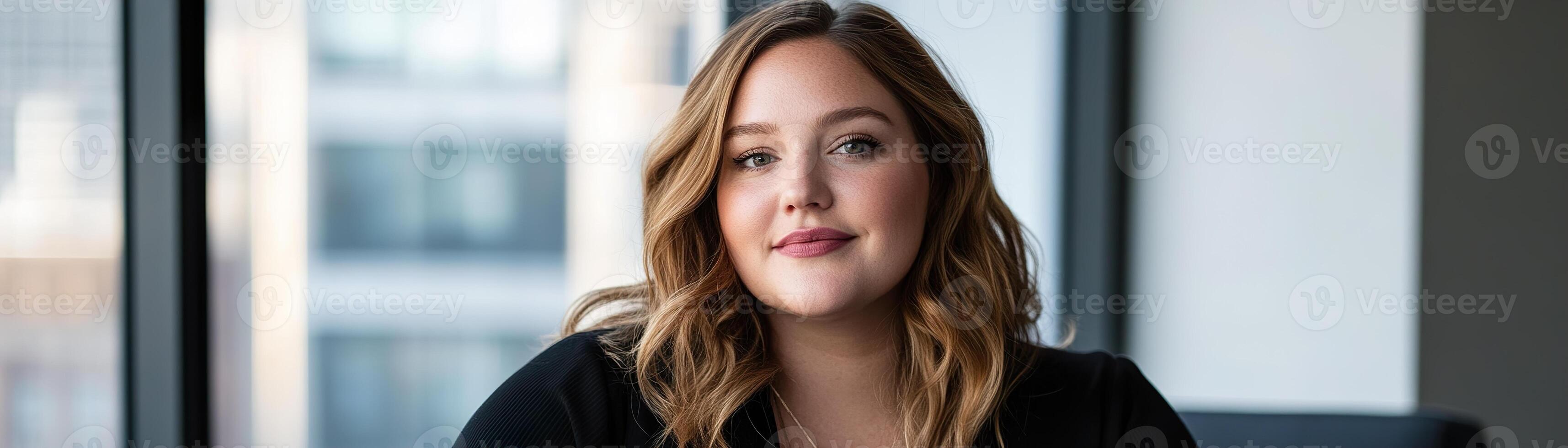 Confident plus-size businesswoman delivers a presentation, showcasing professionalism and warmth in a stylish office setting with a soft-focus cityscape behind her photo