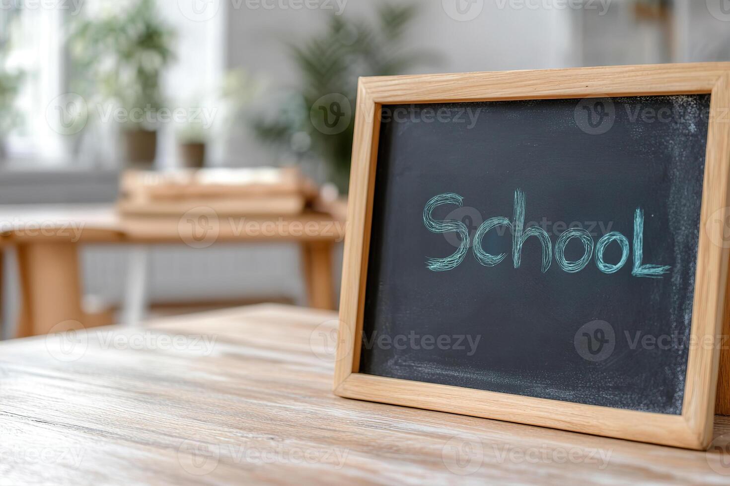 A classic chalkboard features the word SCHOOL written in white chalk. The soft focus background includes a wooden desk and warm lighting, evoking nostalgia for education settings photo