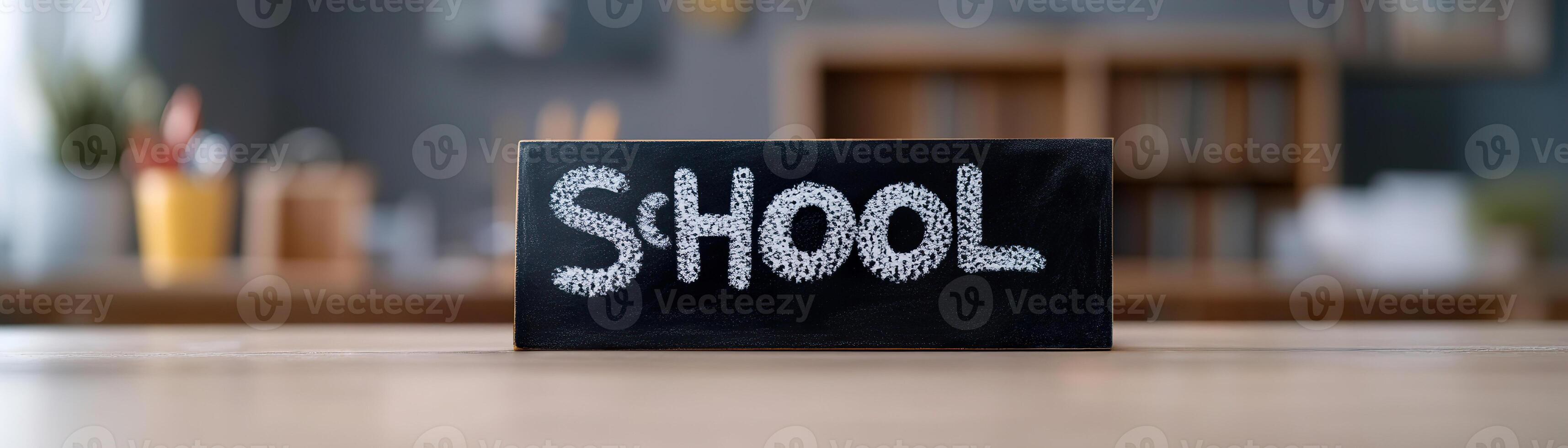 Chalkboard displays the word school in white chalk, set against a soft-focus background of a wooden teacher's desk in warm lighting. The ambiance evokes nostalgia for education photo