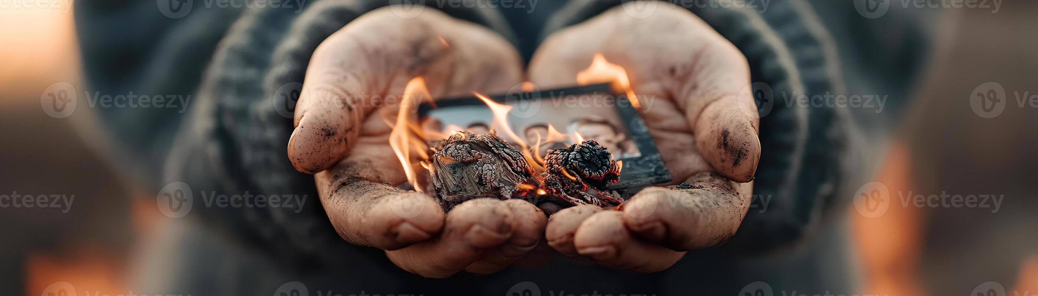Fire-scarred hands clutch a partially burnt family photograph, embodying a profound sense of loss and resilience against a backdrop of soft-focus smoke photo