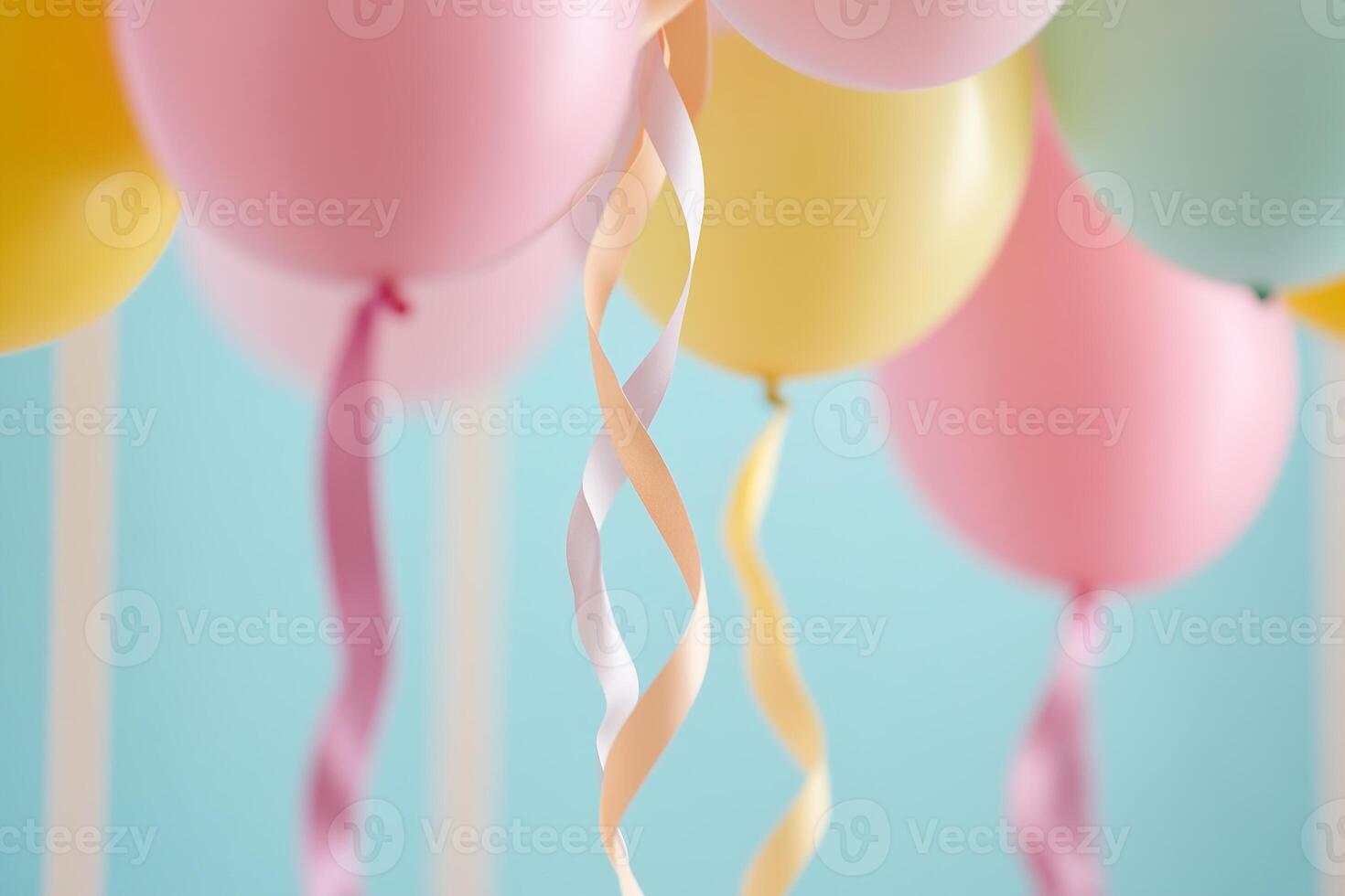 Bright and playful party background features multicolored streamers and pastel balloons, creating an inviting space perfect for kids' celebrations and joy-filled occasions photo
