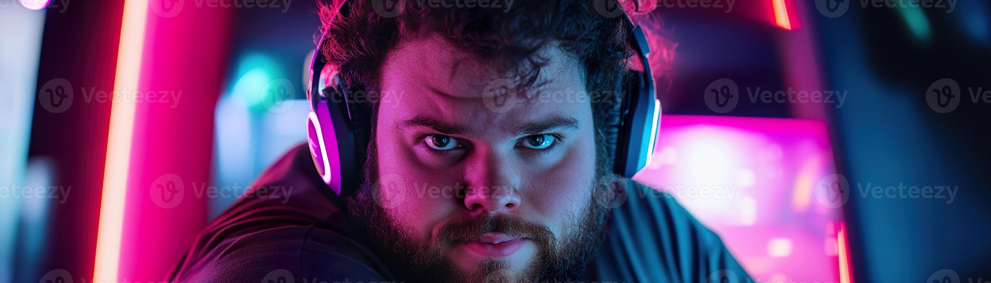Gamer sits focused in a neon-lit room, highlighting an engaging atmosphere filled with colors and advanced technology. The individual clearly displays confidence while gaming photo