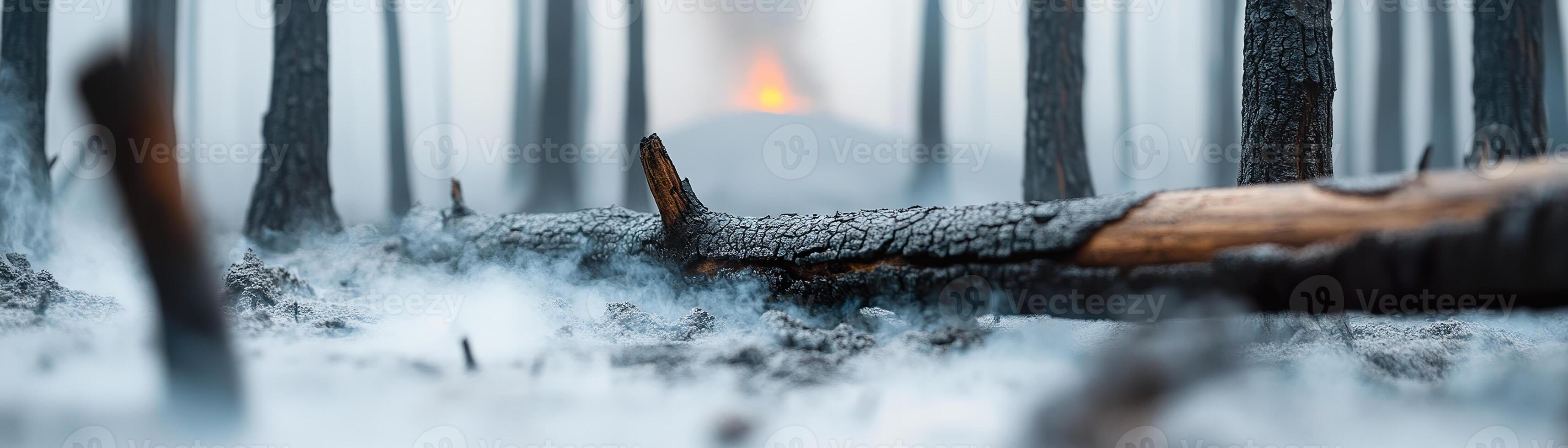 A forest lies devastated, blanketed in volcanic ash. Charred tree trunks emit faint smoke as a volcano looms in the background, creating a haunting atmosphere of destruction and loss photo