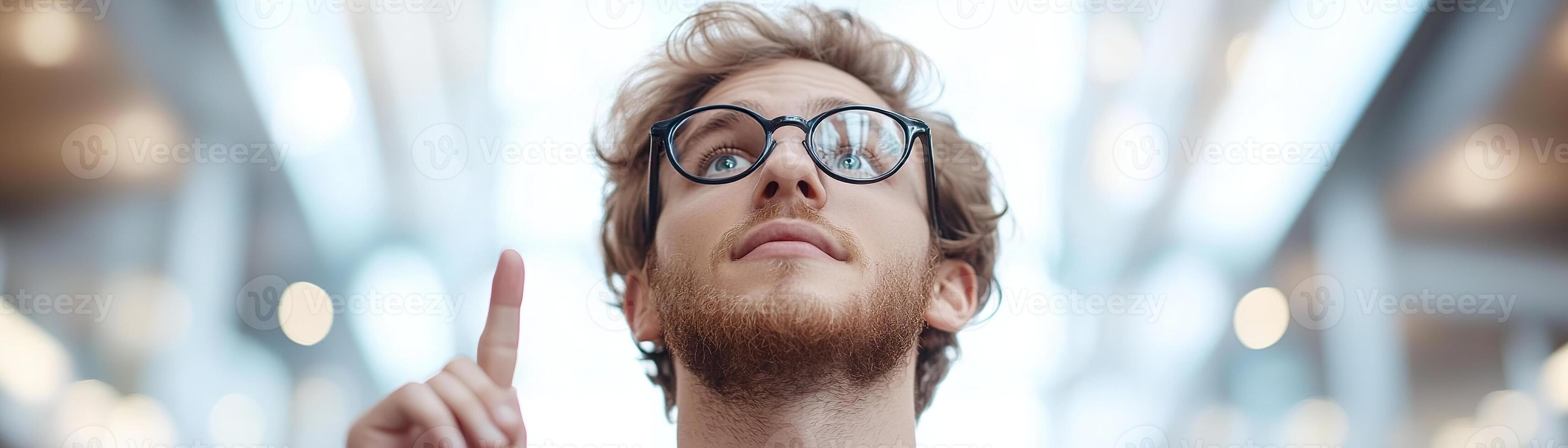 A confident young entrepreneur points upward in a stylish co-working space, showcasing his creative mindset and enthusiasm for innovative ideas in the startup environment photo