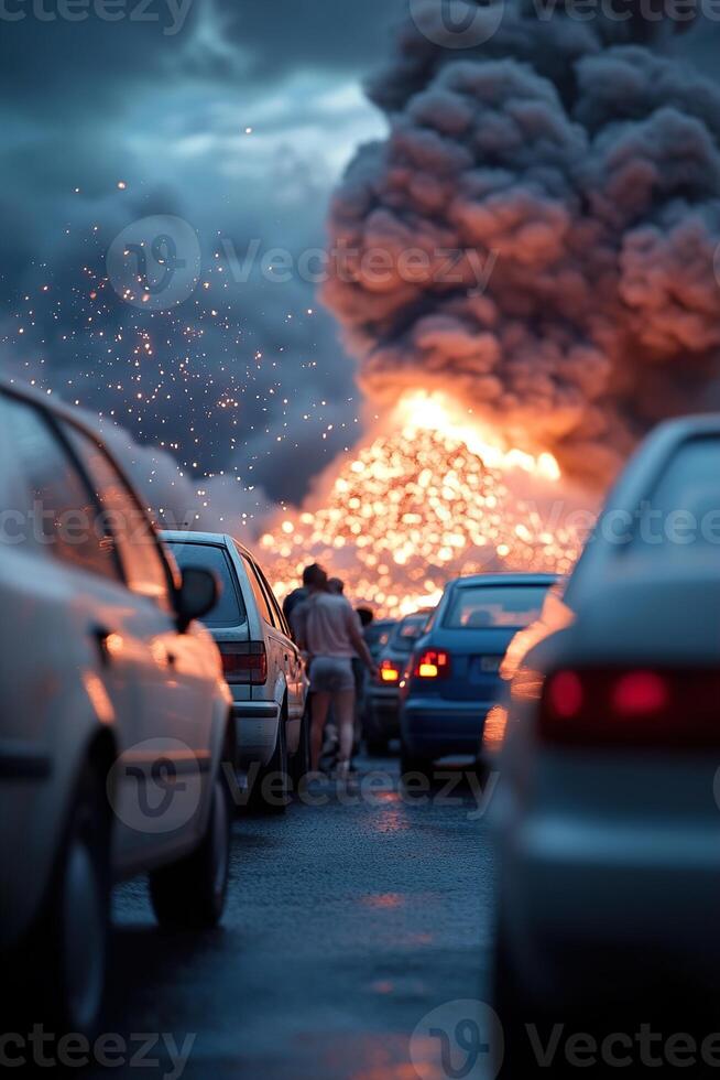 People rush to their vehicles amidst a chaotic evacuation as a massive volcano erupts in the distance. Ash blankets the air, creating an intense atmosphere filled with urgency and fear photo