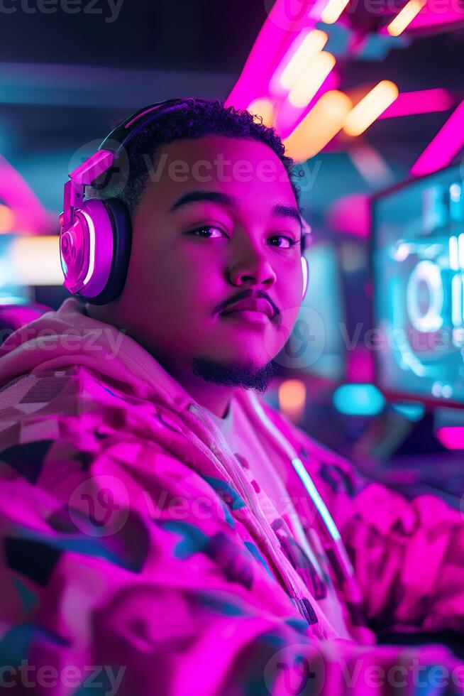 Focused plus-size gamer wearing RGB headphones engages intensely with a high-tech monitor in a vibrant neon-lit gaming room, highlighting a unique cyberpunk atmosphere photo