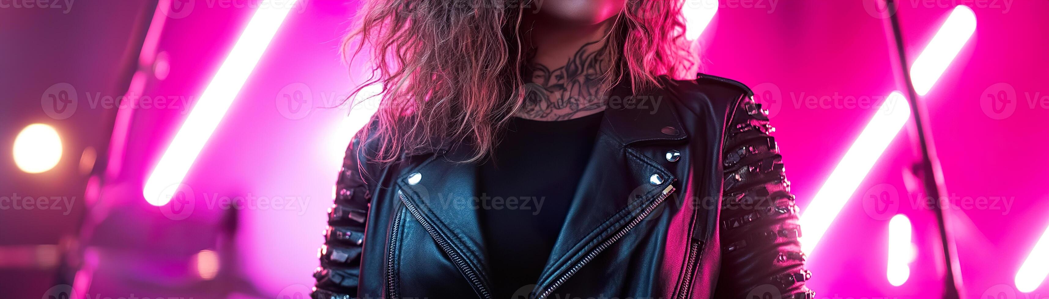 A fierce plus-size woman stands confidently in her black leather jacket at a rock concert, illuminated by soft-focus neon lights, embodying a high-energy luxury lifestyle aesthetic photo