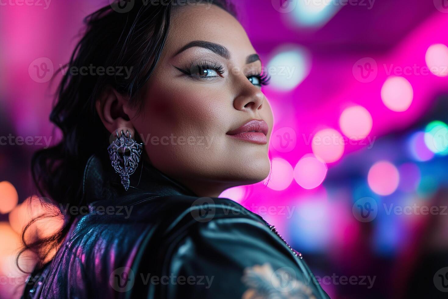 Under the glow of soft-focus neon lights, a fierce plus-size woman with intricate tattoos exudes confidence in her black leather jacket at an energetic rock concert photo