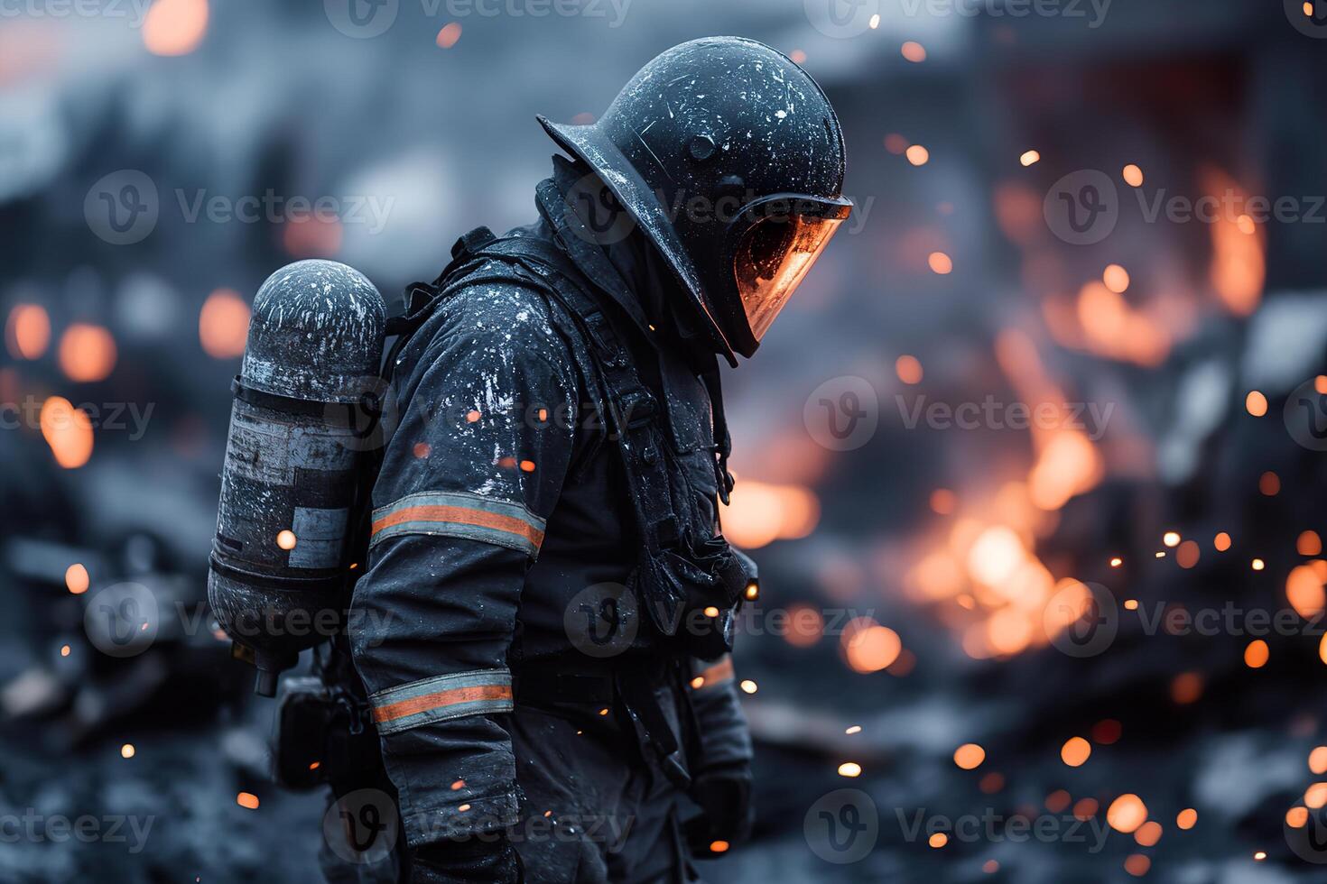 Standing amidst the smoldering ruins of a village covered in volcanic ash, the firefighter assesses the aftermath, with glowing embers and warm lighting illuminating the devastation photo
