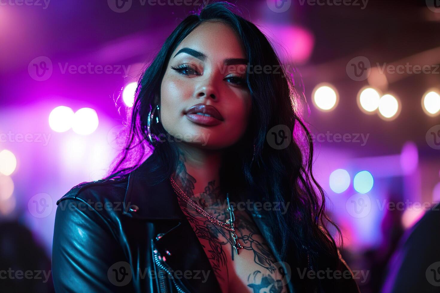 A fierce plus-size woman with intricate tattoos stands confidently at a rock concert. The soft-focus neon lights create a high-energy atmosphere, enhancing her strong presence photo