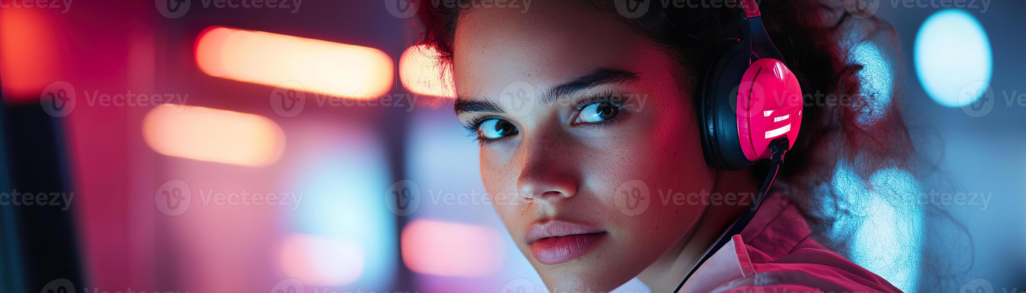 In a dimly lit dispatch center, a female emergency call operator focuses intently on her computer screen as an urgent fire call comes through, illuminated by glowing emergency lights photo